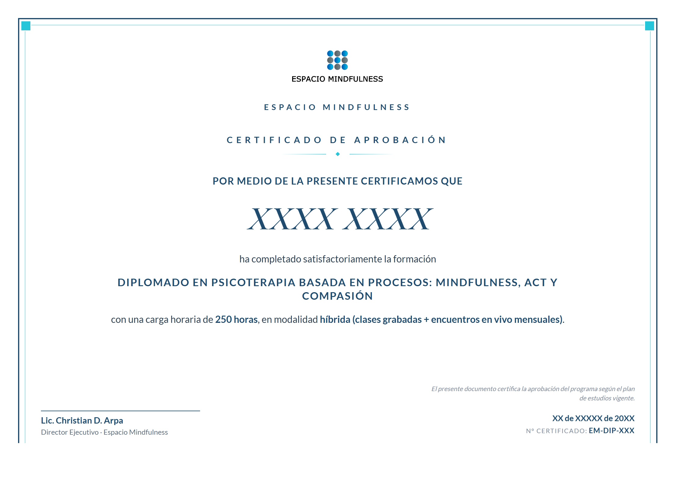 Certificado oficial del Diplomado en Psicoterapia Basada en Procesos - Espacio Mindfulness